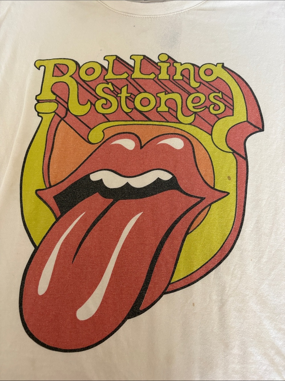 the Rolling Stones White Tee with Red Script Tag